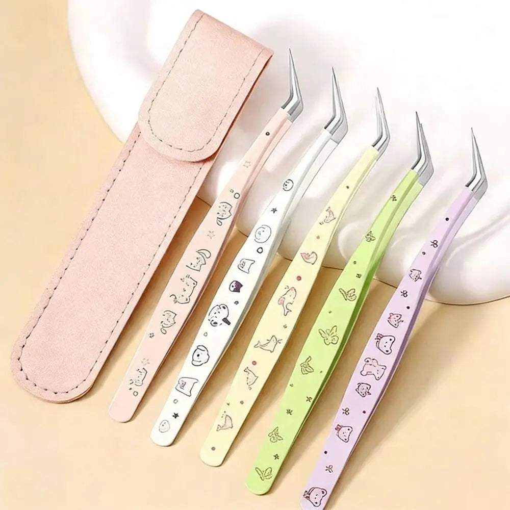 Stainless Steel False Eyelash Tweezers High Precision Anti-static Lashes Extension Tweezer With Leather Case Cartoon Zpaxo