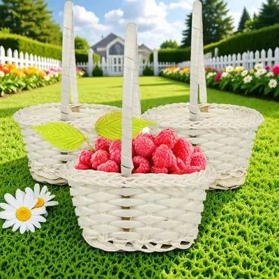 Woven Rattan Basket Round Handheld Storage Long Handle Picnic Flower