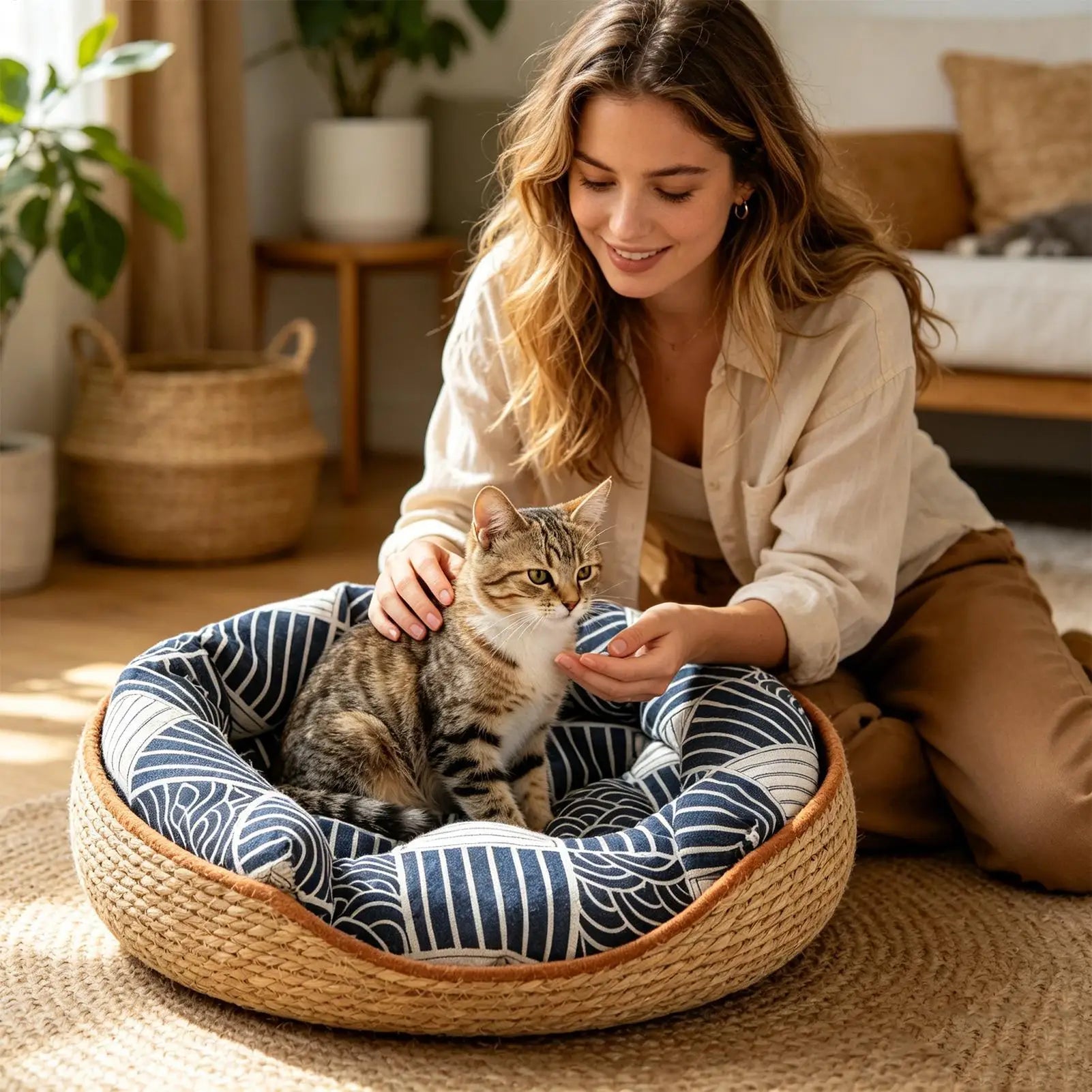 Cat Bed Basket Aesthetic Woven Cotton Rope Pad Nest Sofa Living Room