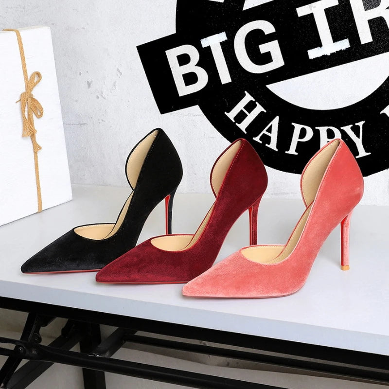 Womens Burgundy Velvet Pointed Toe Stiletto Heel Pumps Cut Out Heels Zpaxo
