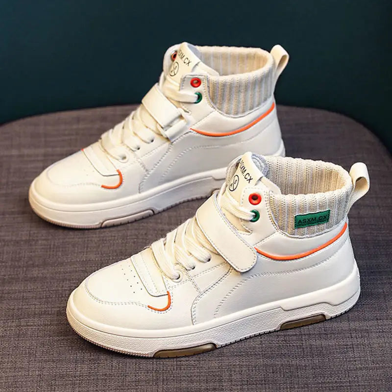 Knitted Cuff Sneakers Women Hook Loop Strap Lace Up Design Orange Zpaxo