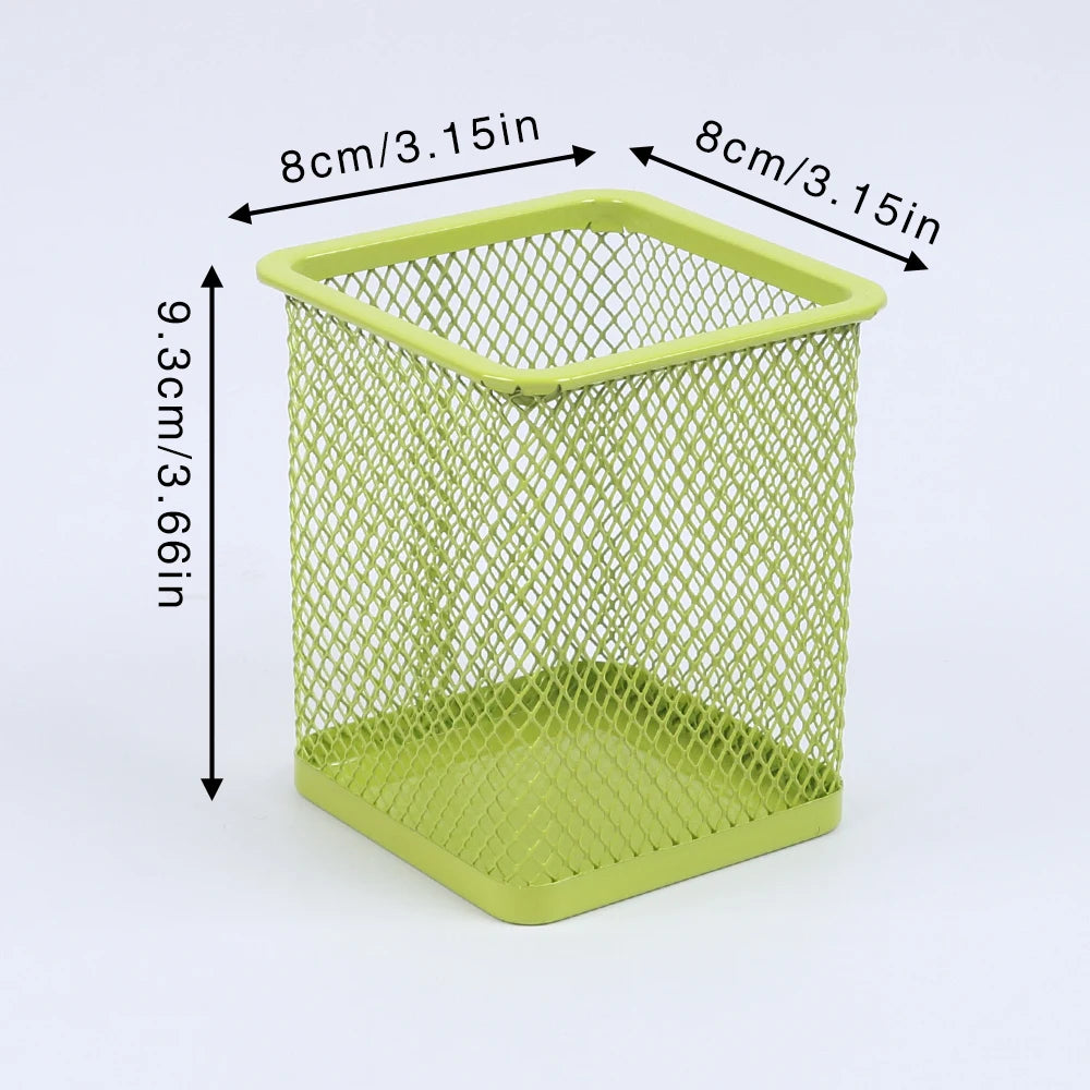 Round Square Pen Holder Desk Metal Mesh Pen Pot Case Pen Container for Student Office Desktops Zpaxo Square Green
