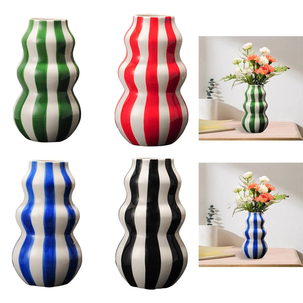 Painted Striped Ceramic Vase | Modern Flower Vase Home Décor Decorative Ceramic Vase Zpaxo