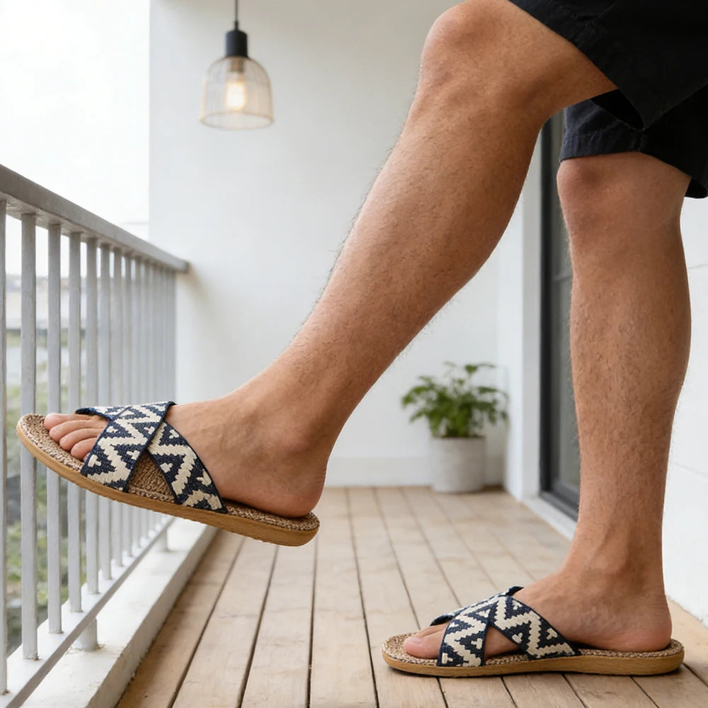 Men Slippers Lightweight Indoor Linen Antislip Home Shoes Summer Flat