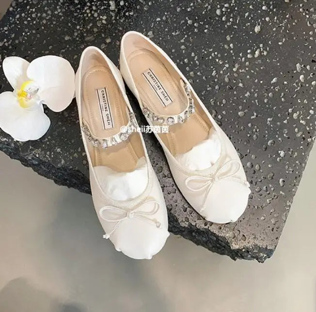 Flats Shoes for Women New Summer Spring Super Soft Diamond Round Toe Silk Ballet Shoes Flat Bottom Mary Jane Shoes Girl Shoes Zpaxo White 38