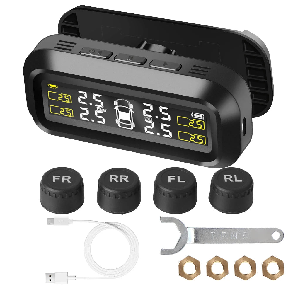 Solar TPMS Temperature Warning Fuel Save 4 External Sensors Tire