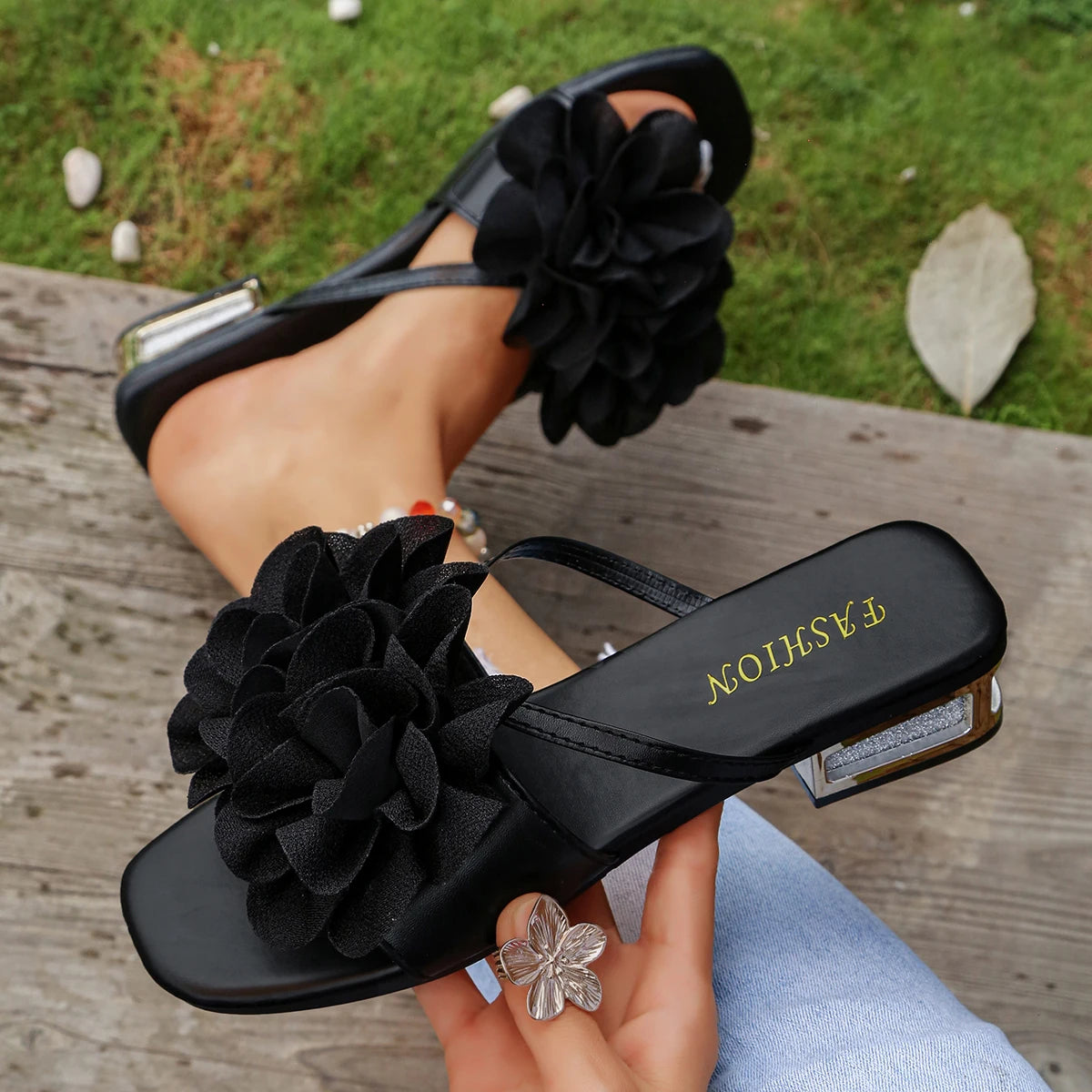Women Sandals Summer Large Size Fashion Slippers Floral High Heel Open Toe Sandals Women Casual Retro Female High Heel Shoes Zpaxo black 42