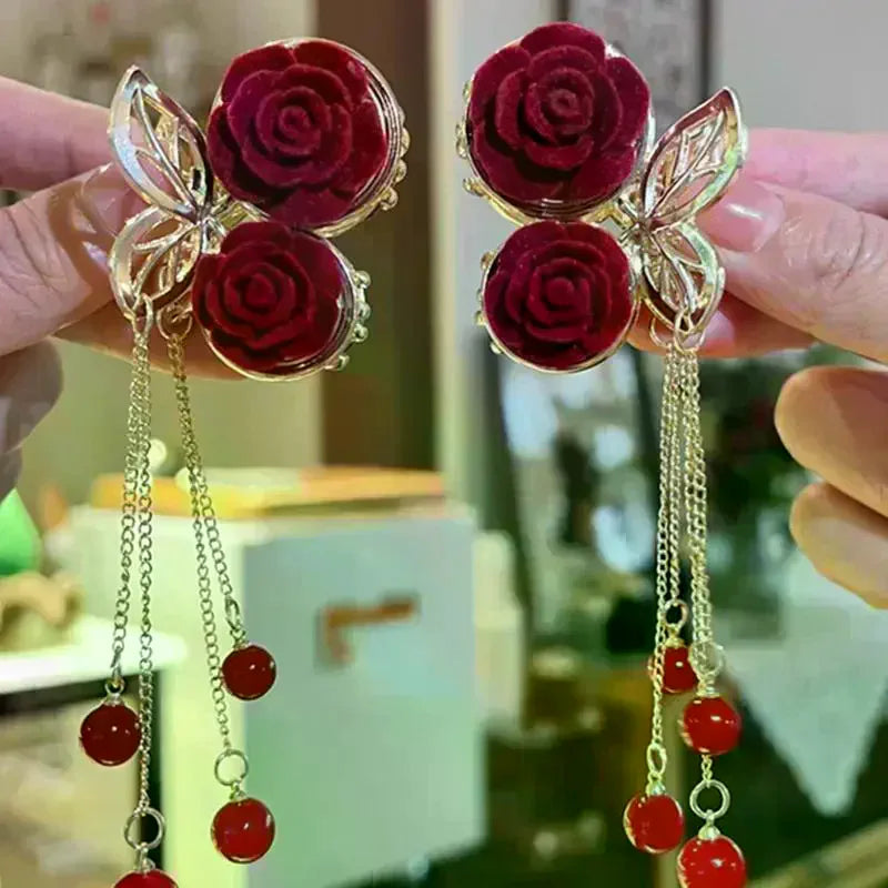 Vintage Elegant Red Flocked Rose Tassel Hair Clip Stylish Ponytail Zpaxo