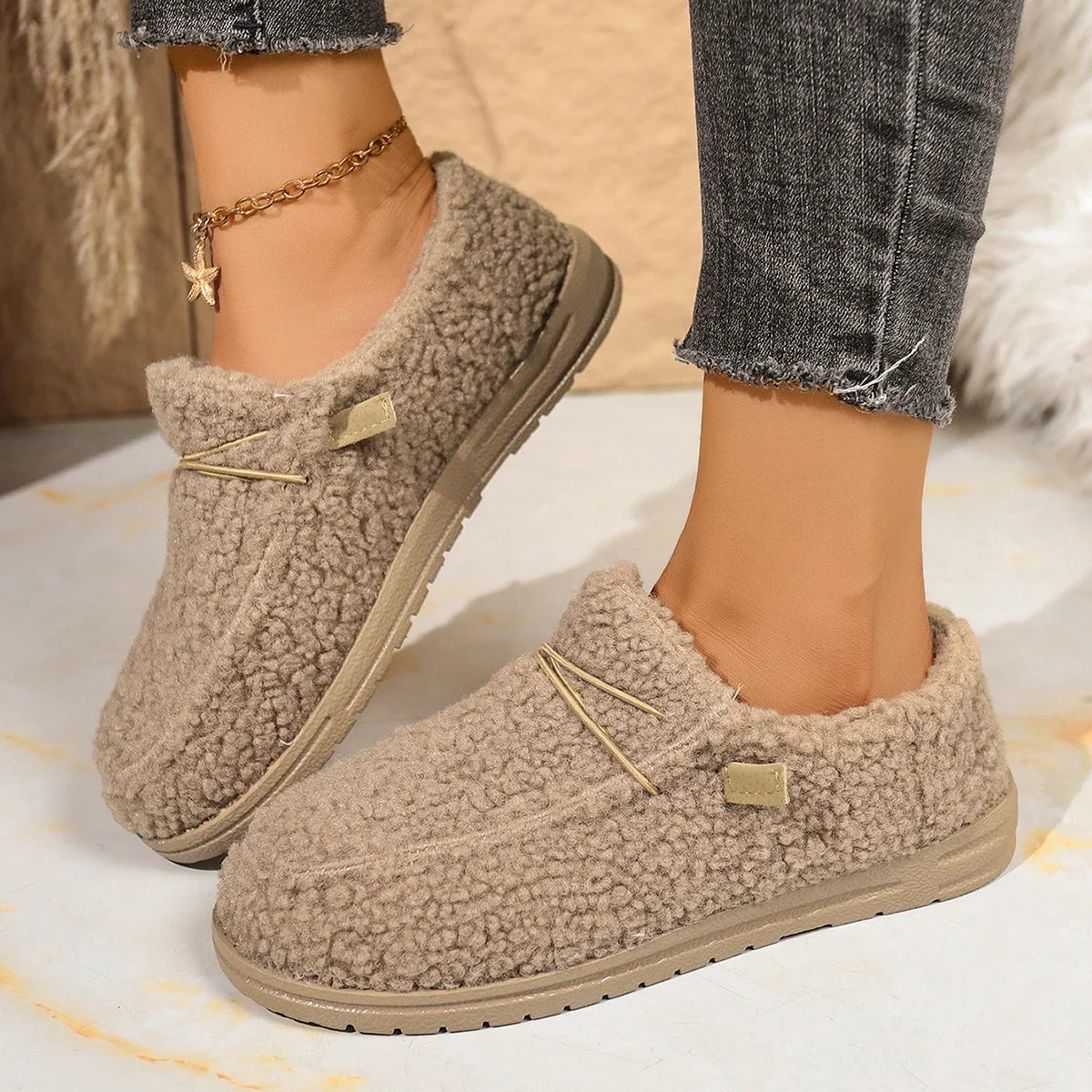 Women Snow Boots 2025 New Warm Flat Low-Top Loafers Comfortable Round Toe Ankle Boots Women Casual Cotton Slip-On Shoes Women Zpaxo khaki 40