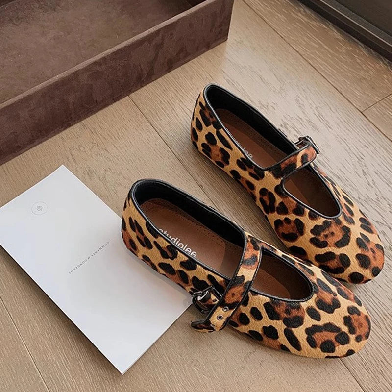 Women Spring Leopard Print Round Toe One Strap Mary Jane Flats Cute Zpaxo