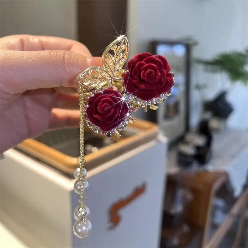 Vintage Elegant Red Flocked Rose Tassel Hair Clip Stylish Ponytail Zpaxo A2