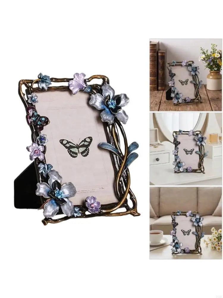 Antique Enamel Floral Bird Photo Frame Rhinestones Accent Tabletop