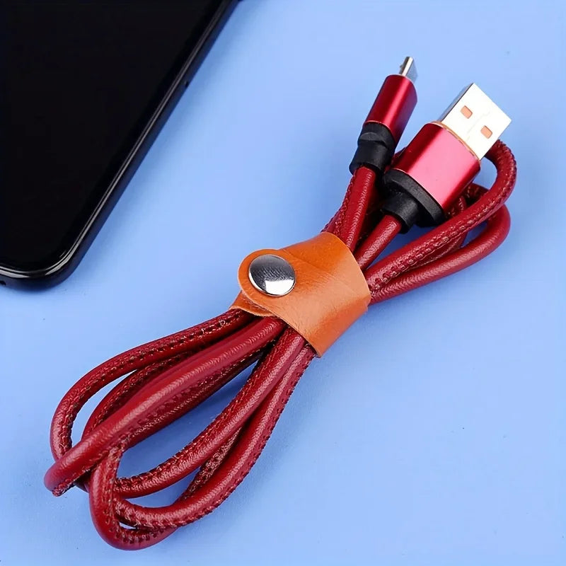 Faux Leather Data Cable Earphone Tie Desktop Storage Organizer Mobile
