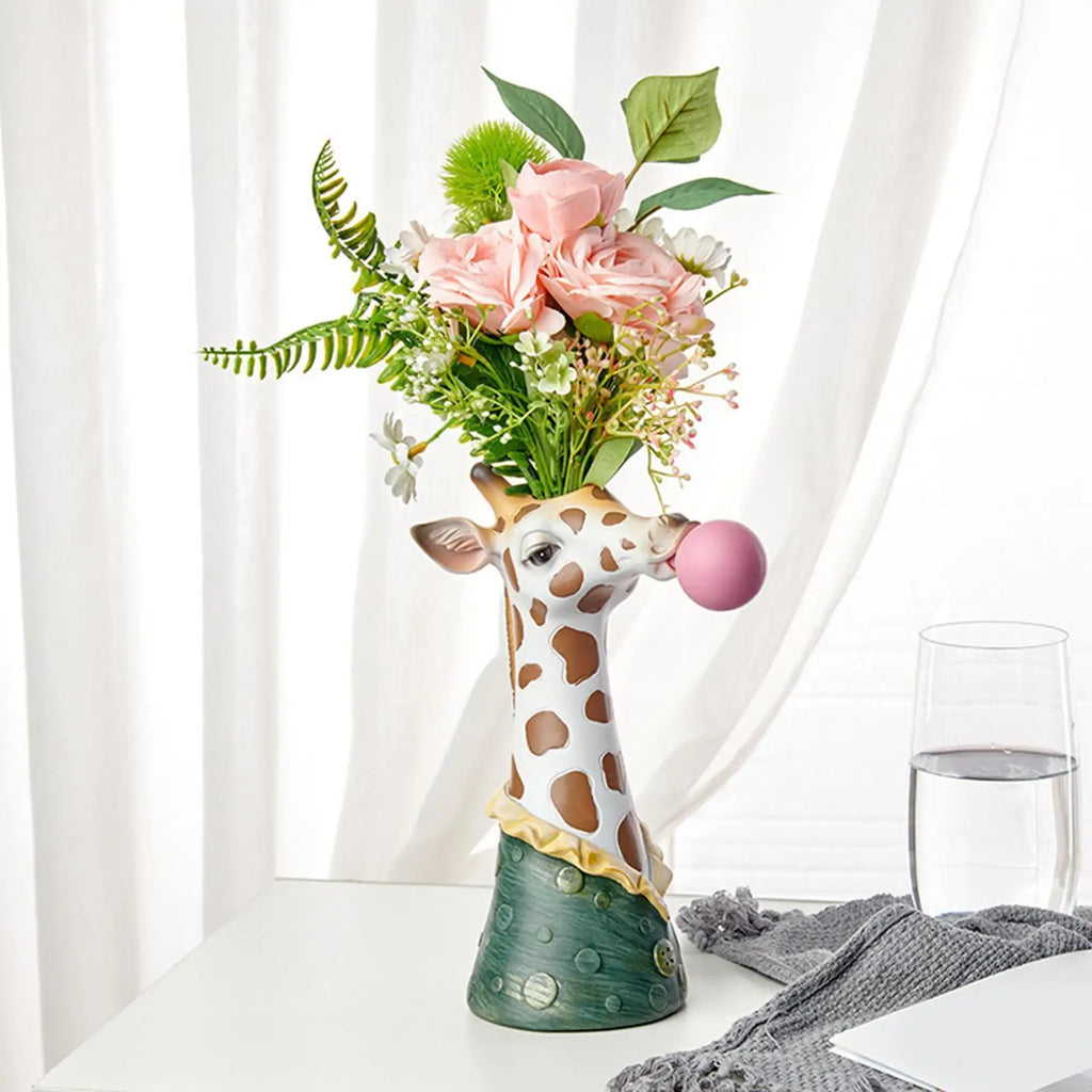 Giraffe Blowing Bubbles Resin Vase – Creative Animal Art Decor Decorative Resin Vase Zpaxo