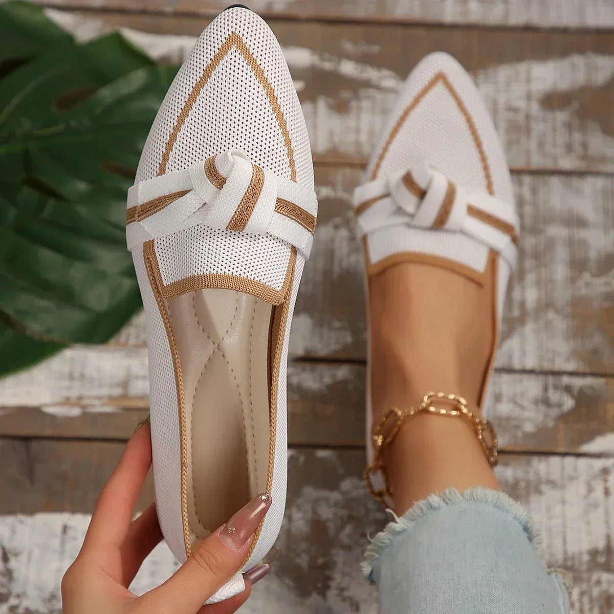 Women Flats 2024 Knitted Slip Breathable Comfortable Solid Shoes Zpaxo WHITE 37