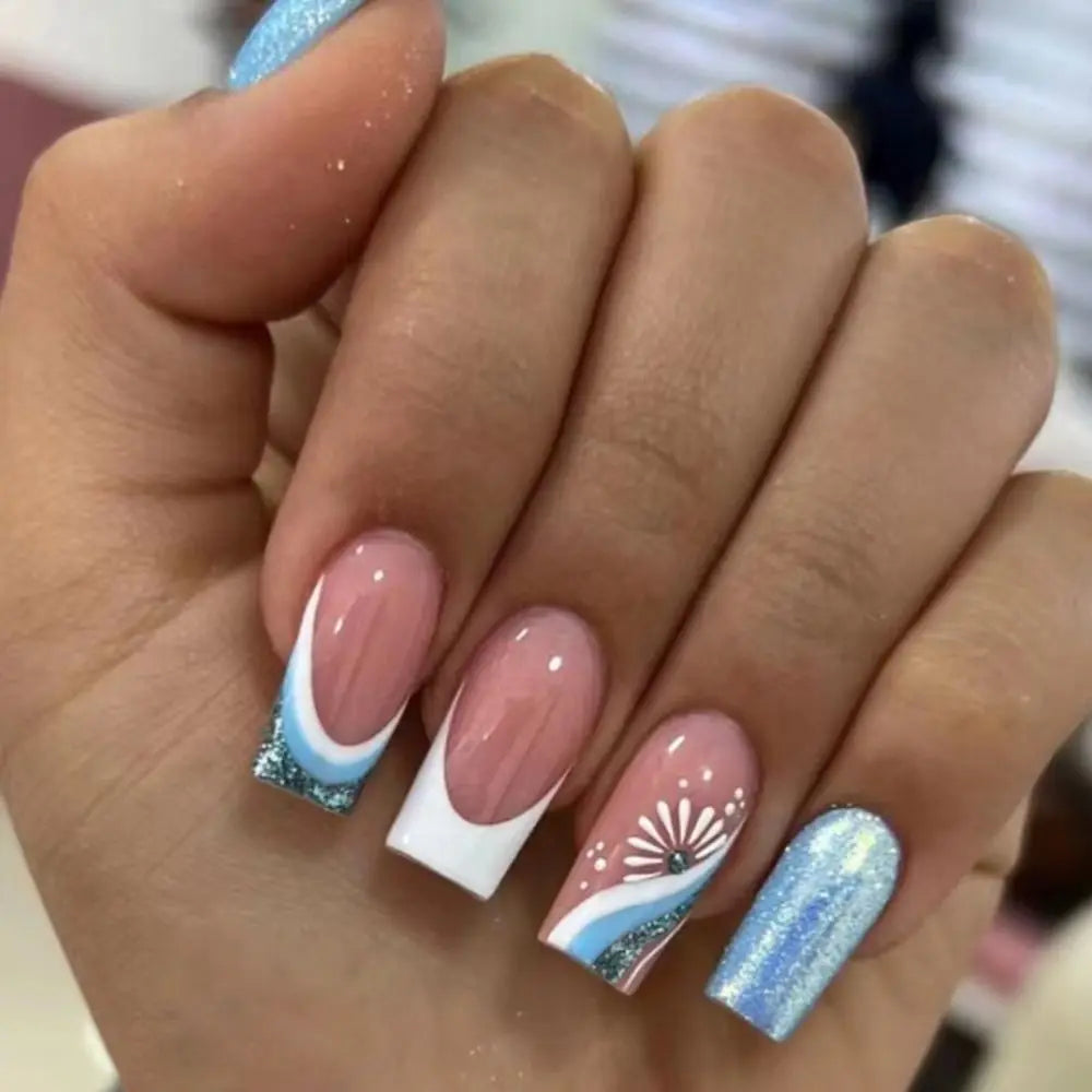 Short Ballerina French False Nails Abstract Leaf Graffiti Full Cover Zpaxo