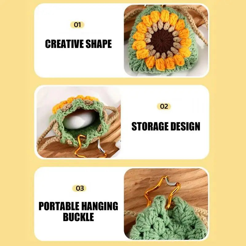 Coin Pouch Keychain Woven Sunflower Keyring Charm Cute Drawstrings Zpaxo
