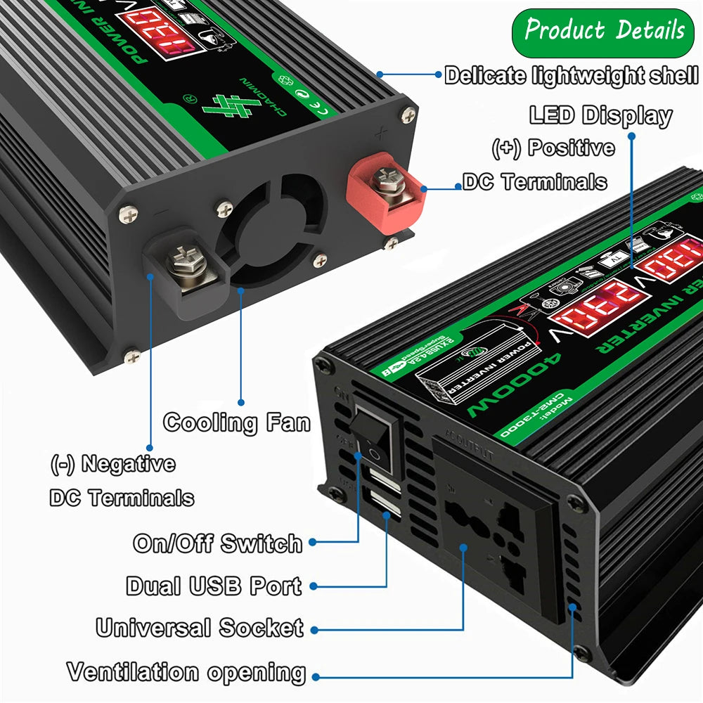 300W/4000W Portable Car Inverter DC 12V to AC 110V/220V Dual USB/AC Ports for Outdoor Camping & Appliances No battery included Zpaxo