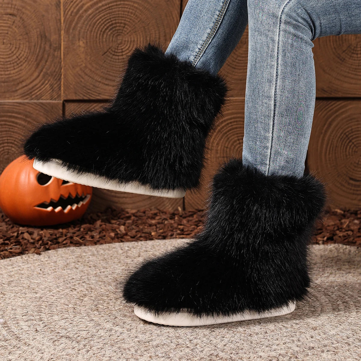 Women Snow Boots 2025 New Plush Warm Platform Shoes Fashion Big Size Shoes Women Outdoor Luxury Furry Faux Fox Fur Boots Woman Zpaxo black 38-39