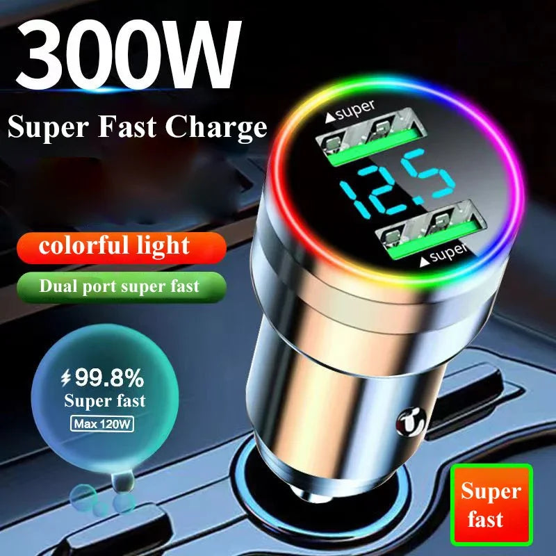 300W Dual Port USB Car Charger LED Light Voltage Monitor Fast Zpaxo