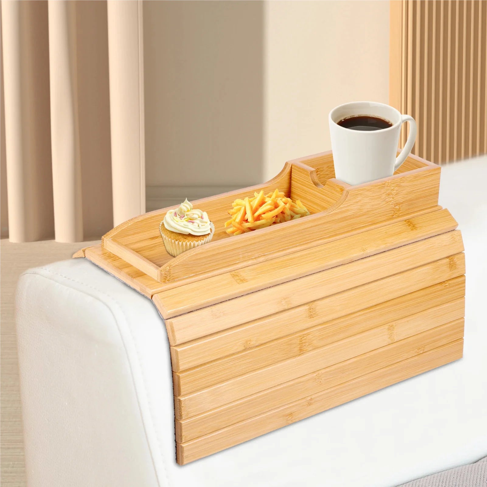 Bamboo Sofa Armrest Tray – Anti-Slip Foldable Couch Cup Holder Sofa Armrest Tray Zpaxo