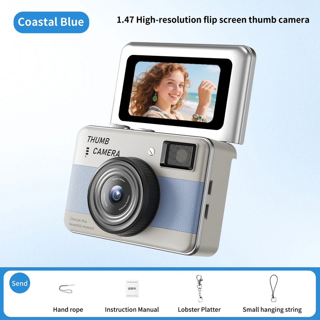 6800W Pixels Mini Digital Camera Portable HD One-Touch Photo Thumb Selfie Camera 1.47inch Flip Screen CCD CameraVideo Recorder Zpaxo Blue