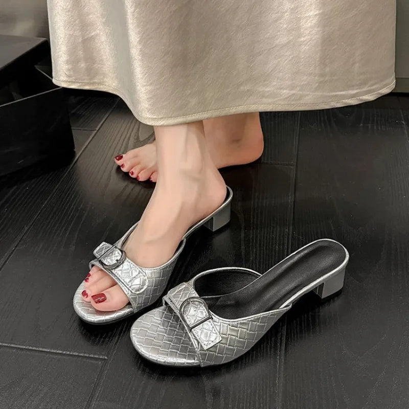 Summer Women's Round Open Toe Comfortable Buckle Heel Slippers Women Zpaxo Silver 37