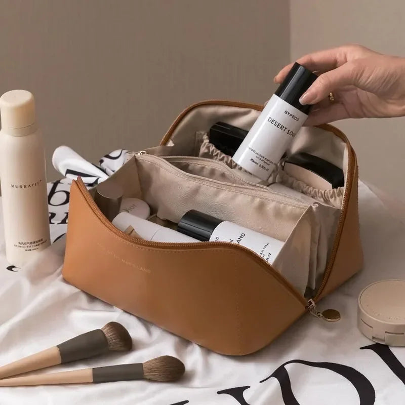 Travel makeup bag, large capacity women's makeup bag, waterproof portable bag open flat wash bag, with divider and handle Zpaxo style 1 bag brown