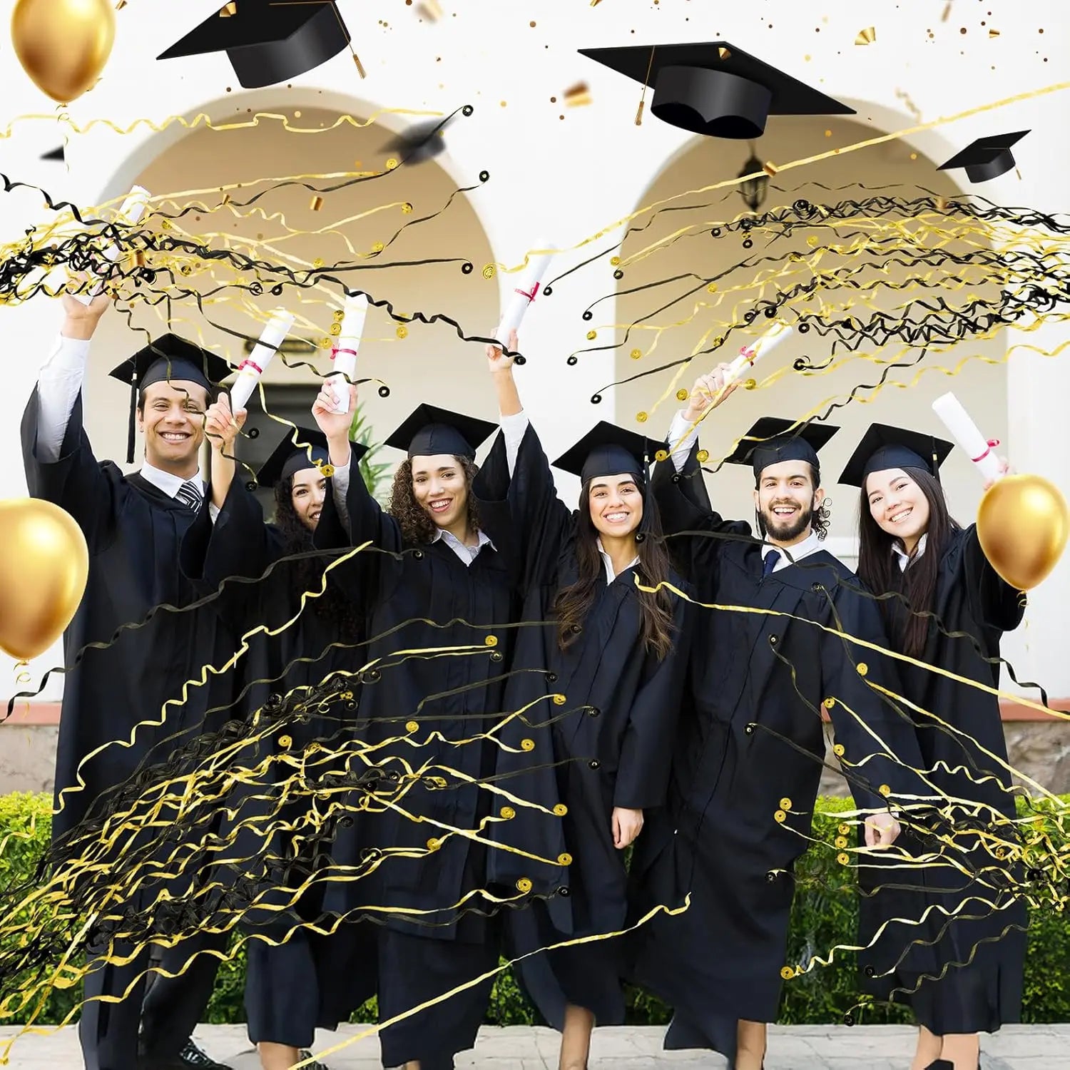 Gold Hand Throw Streamers Popper Black Celebration Graduation