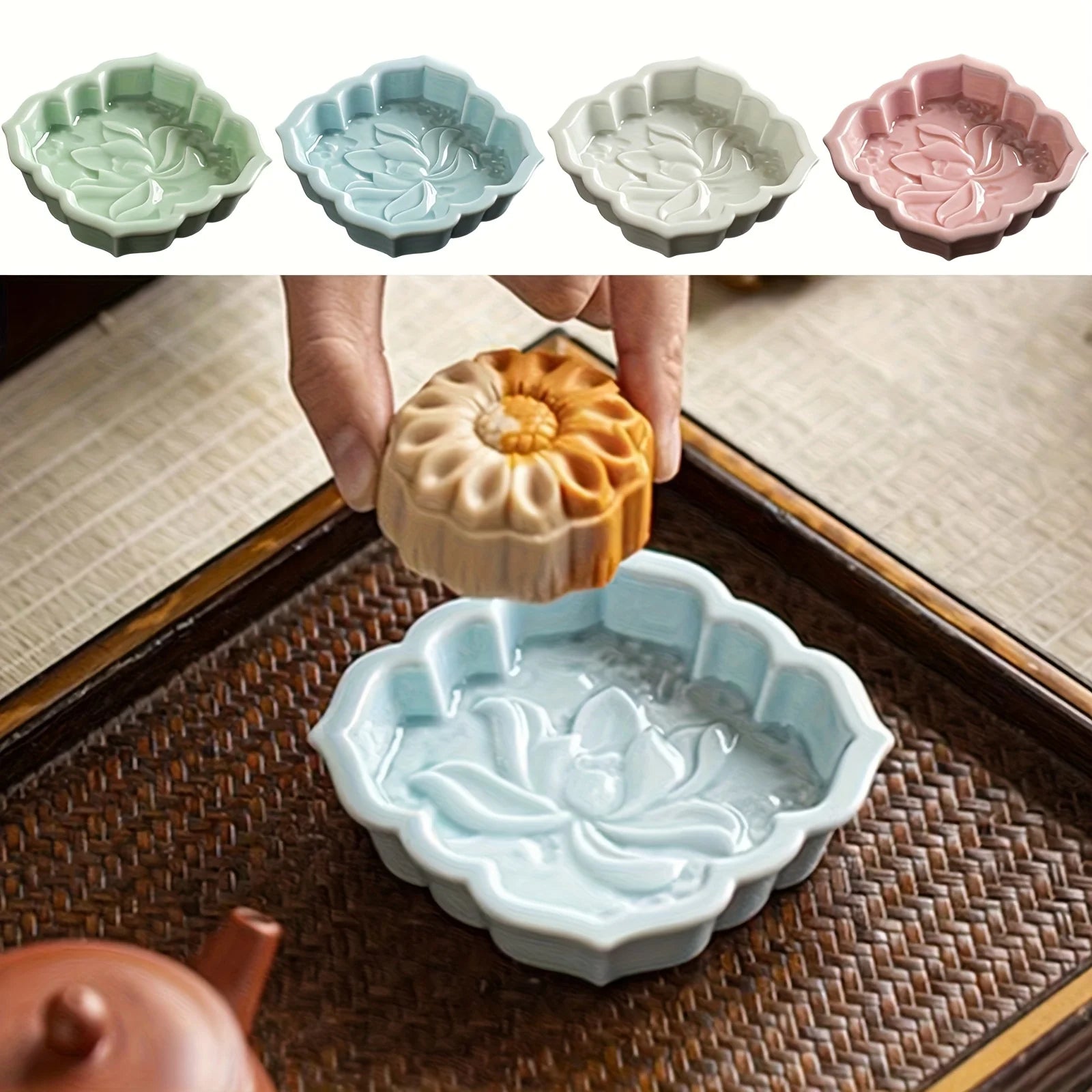 Ceramic Sauce Dish, Lotus Design - Small Appetizer Plate for Soy Sauce, Condiments, Snacks - 4 Color Options Zpaxo