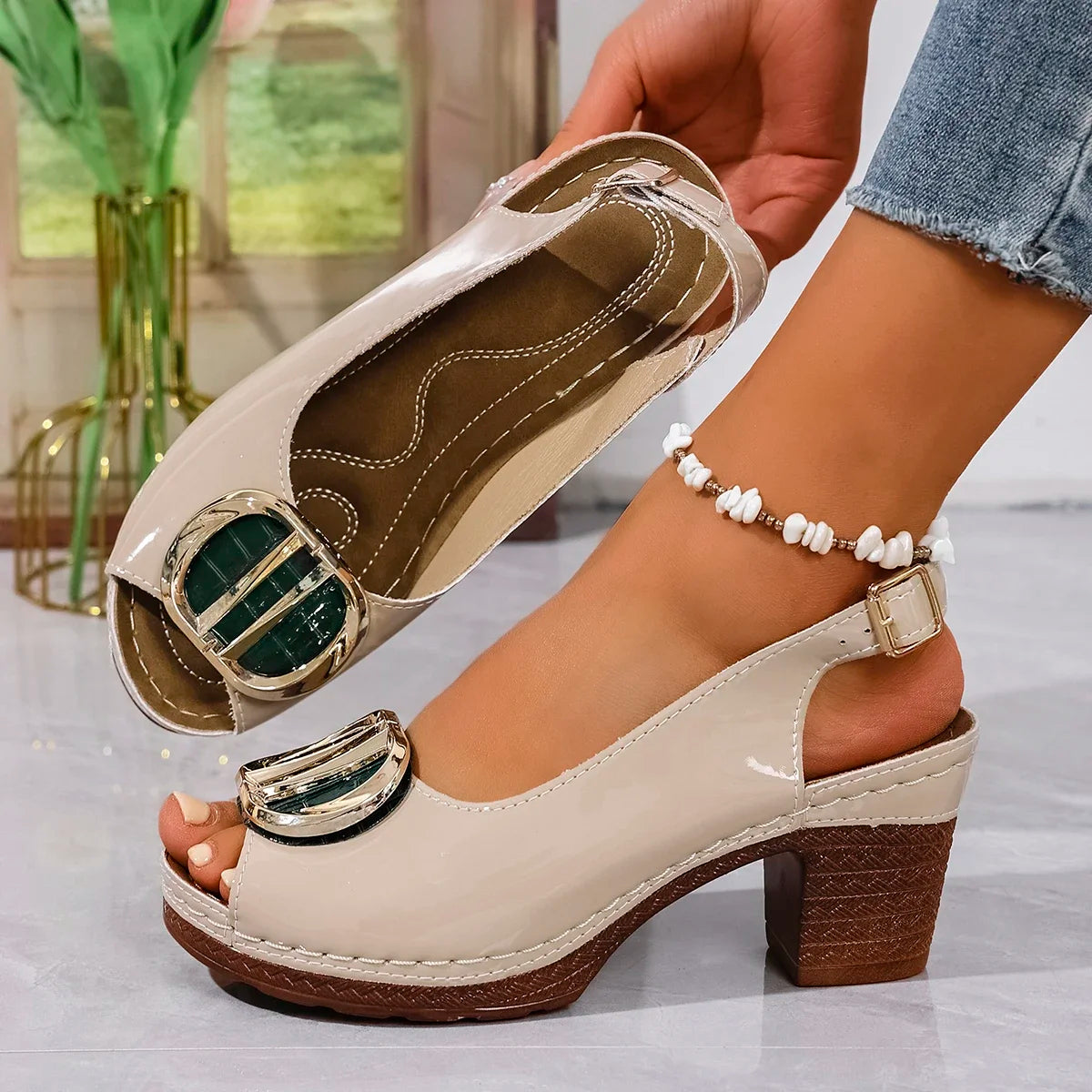Plus Size Women Sandals Metal One Word Buckle Shoes Summer Round Toe Open Toe Sandals Soft Sole Fish Mouth High Heels Shoes Zpaxo apricot 40