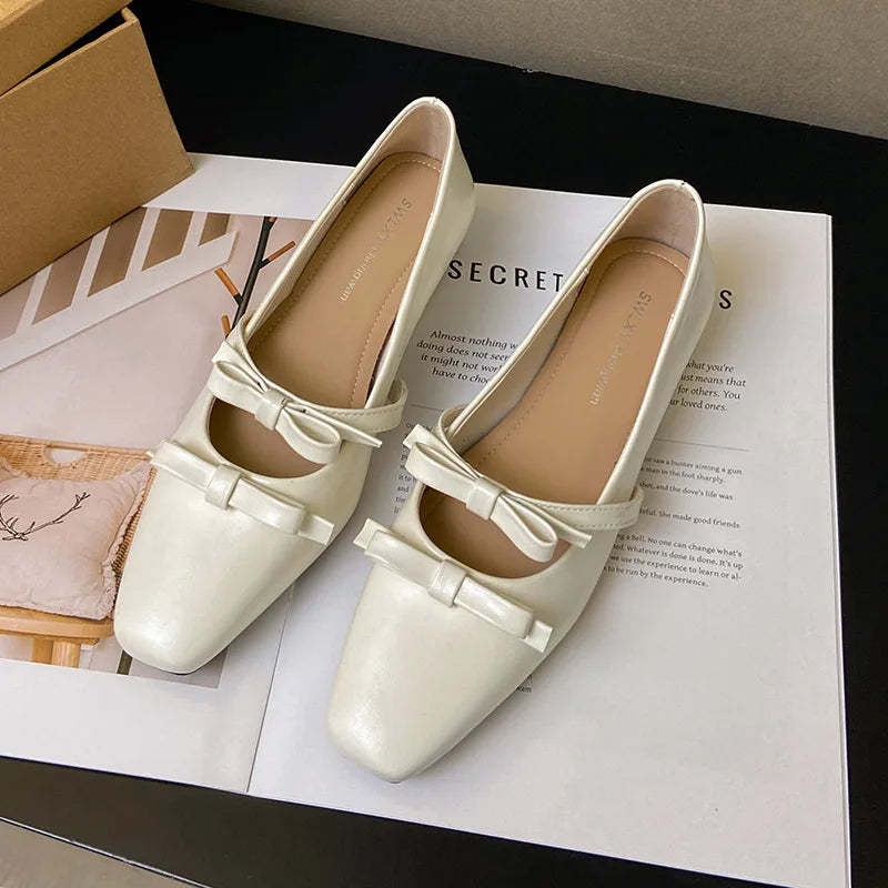 Women's Flat Shoes Thick Heeled Square Head Fashion Sweet Single Bow Zpaxo 35 WHITE