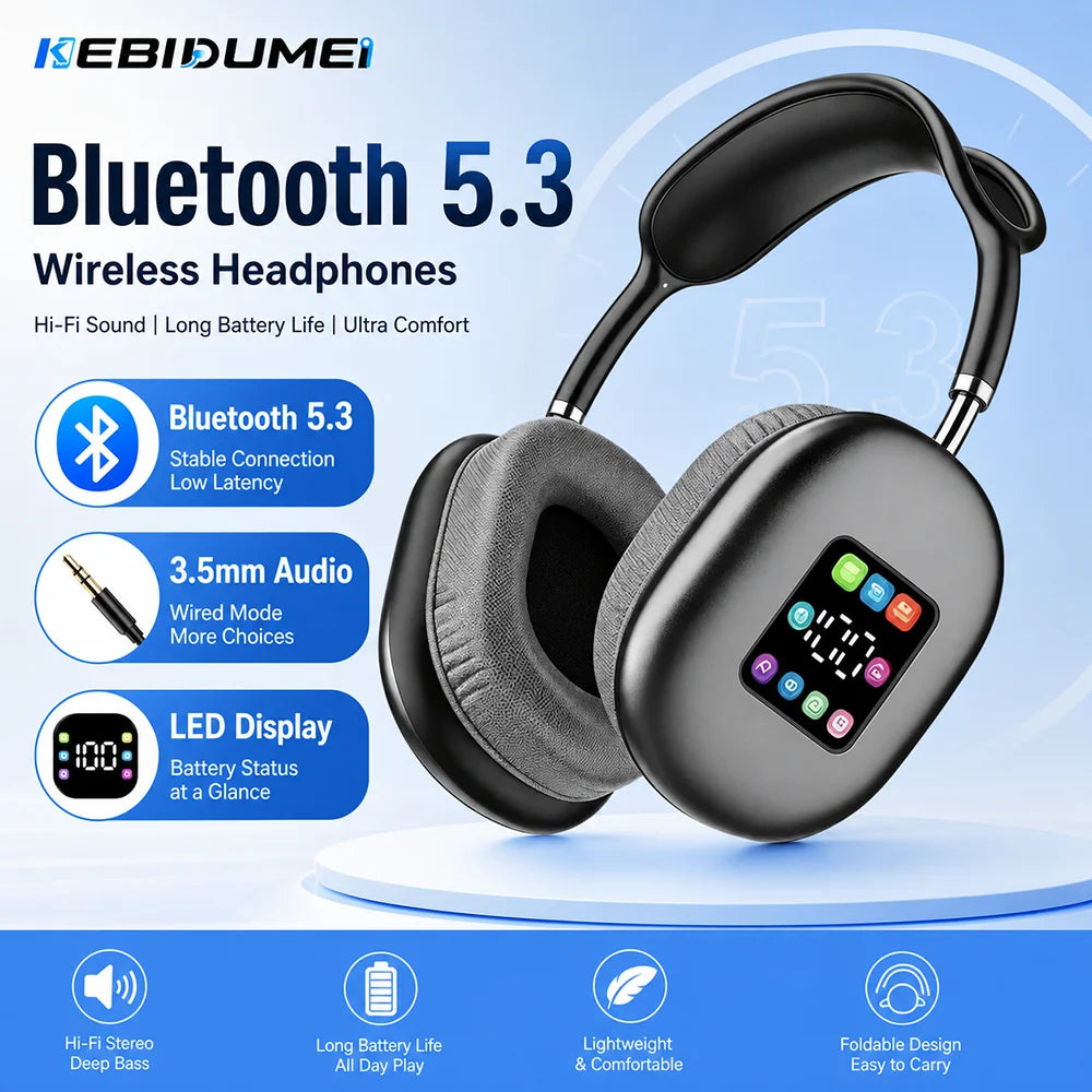 KEBIDUMEI Bluetooth 5 3 Headphones LED Screen AUX Over Ear Earphones