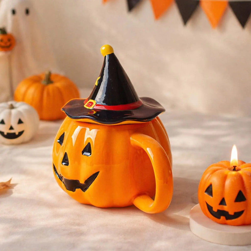 Halloween Coffee Mug Pumpkin Ceramic Cup Lid Aesthetic Cold Weather