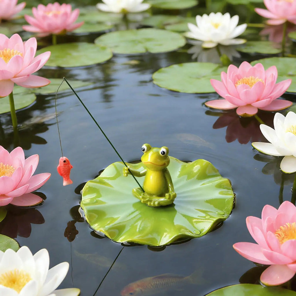 Floating Frog Statue Fishing Design Pond Decor Waterproof Cute