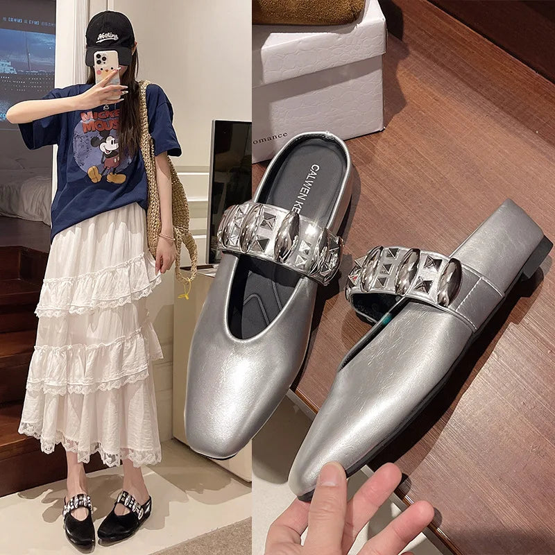 2025 Summer New French Style Elegant Baotou Slippers Women's Casual 1 Slip-on Metal Buckle Square Toe Fairy Style Women's Shoes Zpaxo