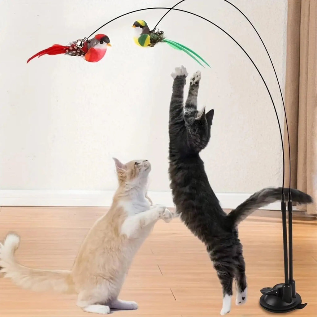 Cat Teaser Toy Stick Removable Suction Double Simulated Chirping Bird