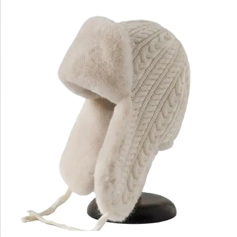 Cute Thickened Plush Hats Women Warm Winter Knitted Cap Ear Guards Zpaxo Beige