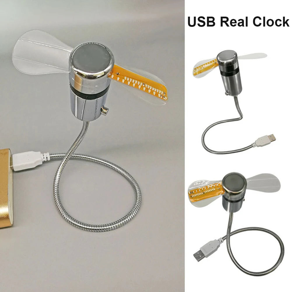 USB Clock Fan LED Time Display Portable Mini Flexible Cooling Switch
