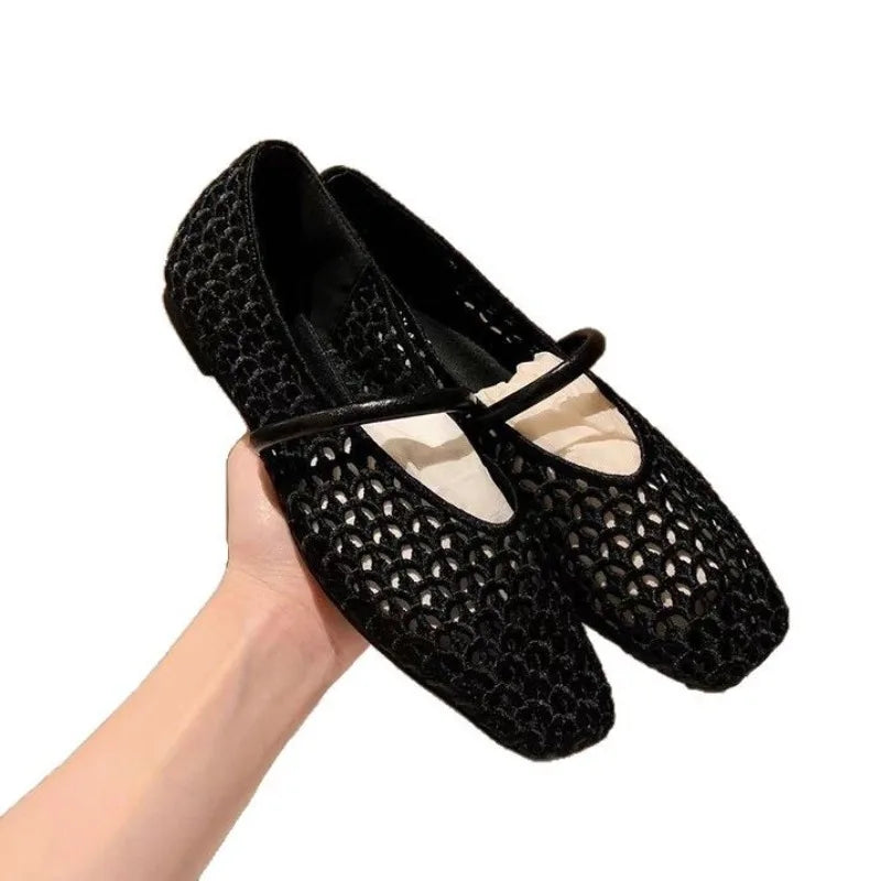 Flat Shoes for Women Spring and Autumn New French Square Toe Hollow Woven Flat Belt Breathable Beach Shallow Mouth Ladies Shoe Zpaxo