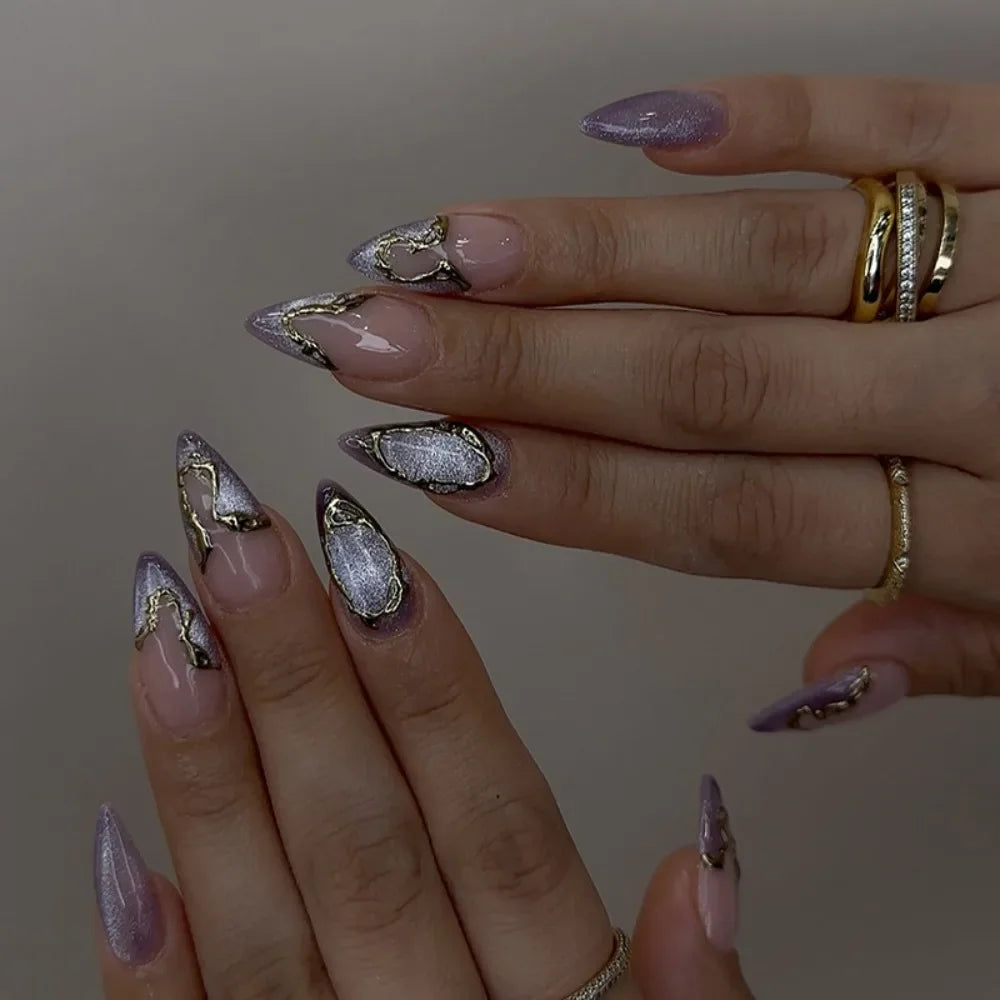 Long Almond False Nails French Leopard Star Press Fake DIY Manicure