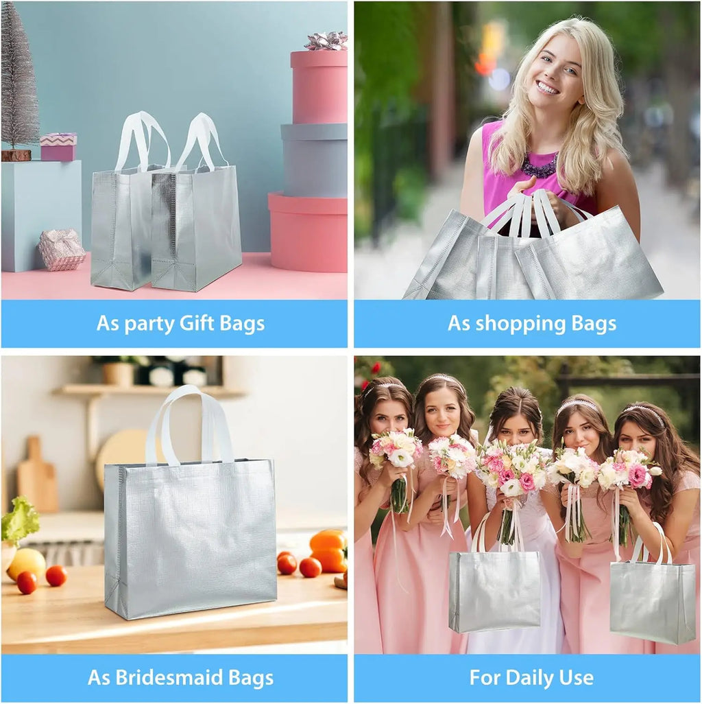 Silver Reusable Gift Bags with Handles – 4/6/8-Pack