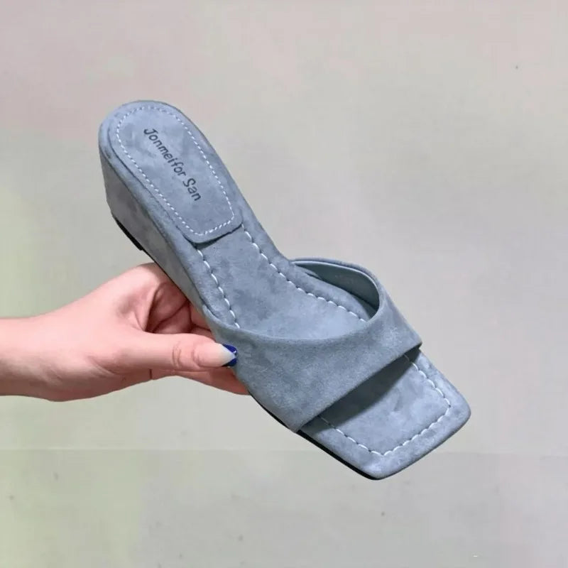 Women's Comfortable Square Open Toe Solid Elegant Wedge Heel Slippers Zpaxo Blue 40