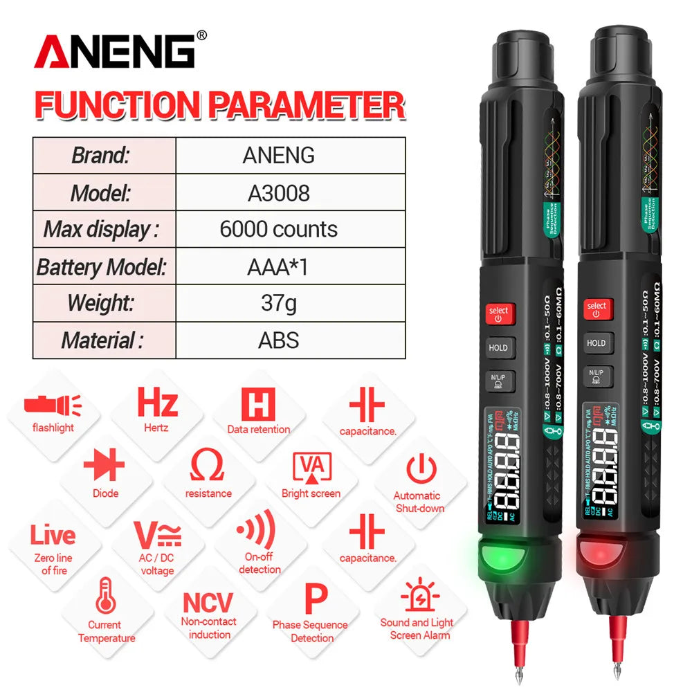 ANENG A3008 Multimeters 6000 Counts NCV Backlight Flashlight Auto
