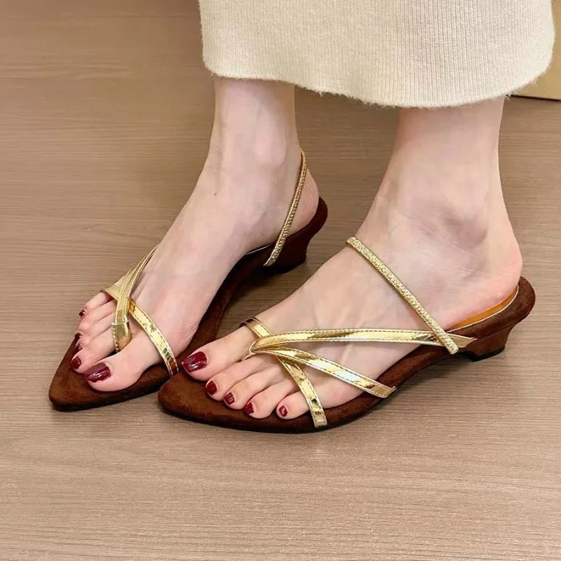 2026 Summer Women's Sandals Simple Mid Heel Comfortable Thin Belt Zpaxo Gold 39