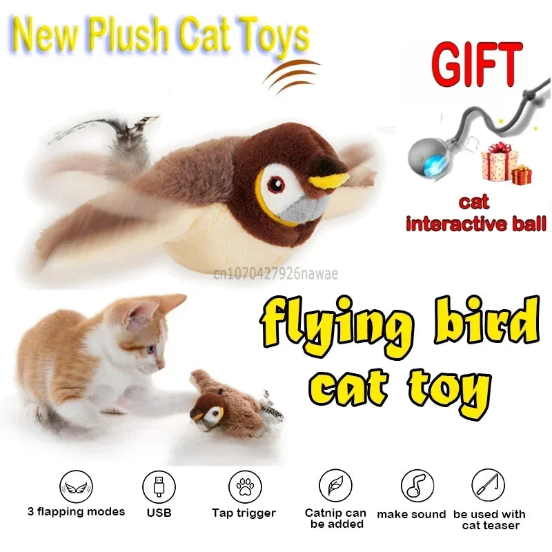 Interactive Cat Toys Rechargeable Electric Chirping Flapping Wings Bird with Catnip Cats Touch-Activated Squeaky Plush Toy Pet Zpaxo