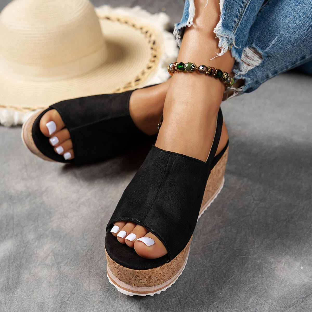 Women Buckle Decor Heel Wedge Sandal Mujer Pleated Leopard Sandals Zpaxo