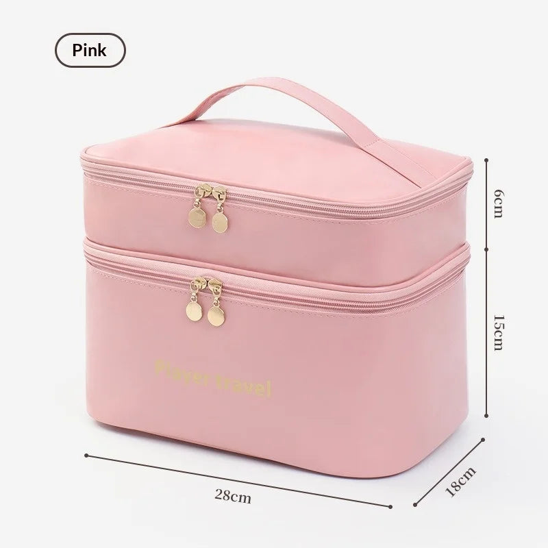 New Double Layered Portable Large Capacity Toiletry Bag Pu Waterproof Makeup Bag Travel Portable Toiletries Cosmetic Storage Bag Zpaxo