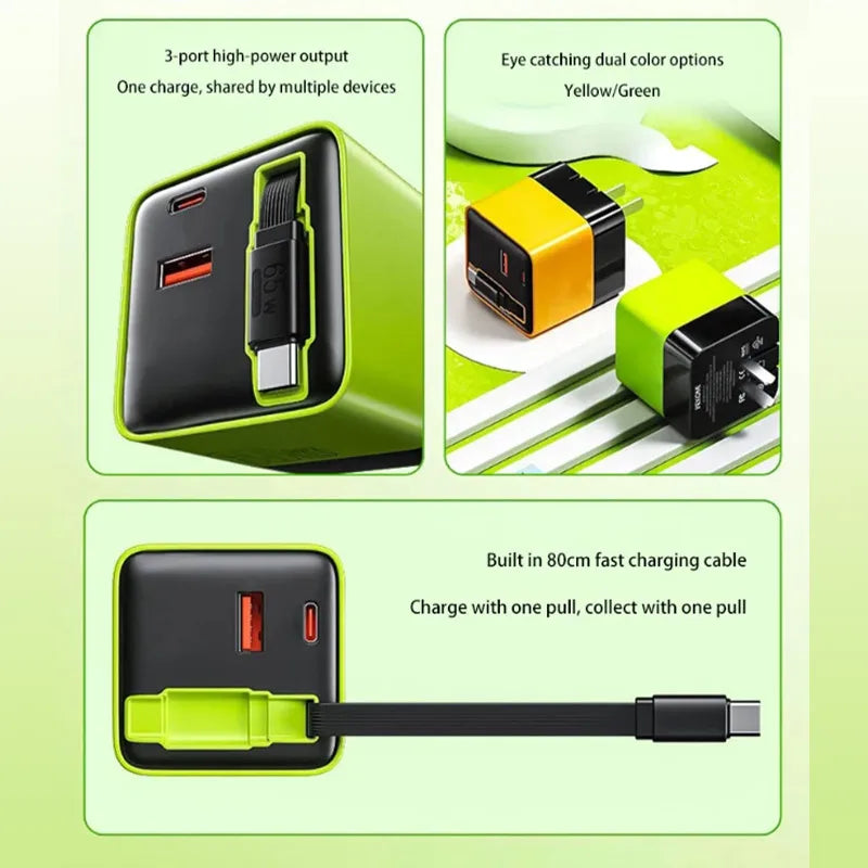 65W Gan Fast Charger USB-C Built-in Type-c Cable EU US Plug Iphone 15