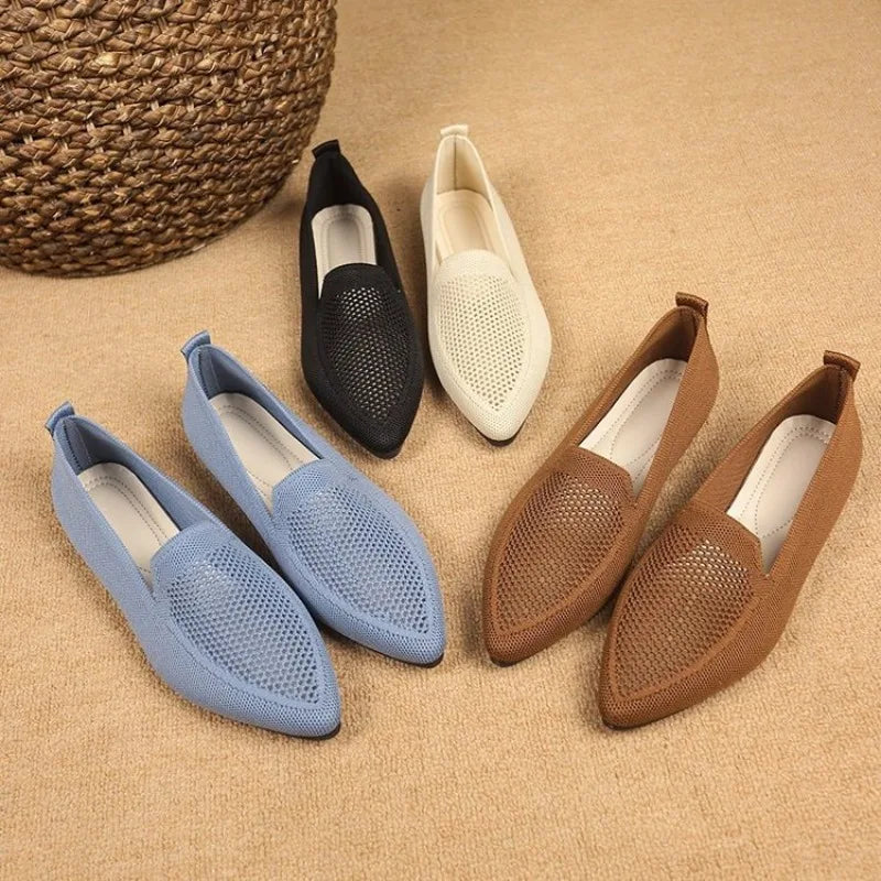 2025 Pointed Flat Office Boat Solid Knit Slippers Casual Ballet Flats